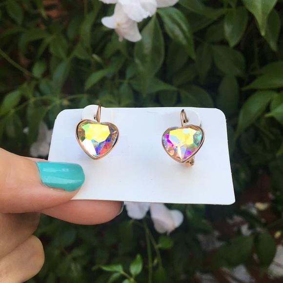 Aurora Borealis Crystal Heart + Rose Gold Drop Earrings - Picture 6 of 10